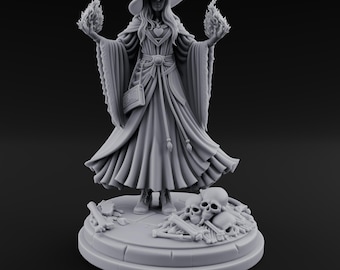May include: A gray figurine of a witch with a wide-brimmed hat and flowing robes, holding flames in each hand. The witch stands on a circular base with skulls and bones. The text "MYTHFORGED" is at the base.