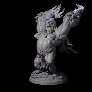 May include: A grey, three-dimensional figurine of a monstrous humanoid figure with a hooded head, a long beard, and large, clawed arms raised. The figure stands on a rocky base against a black background.