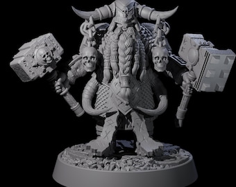 May include: A gray miniature figurine of a warrior with a horned helmet, long braided beard, and two large hammers. The figurine has skulls on the shoulders and hammers, and is standing on a round base. The overall design suggests a fantasy or tabletop game theme.