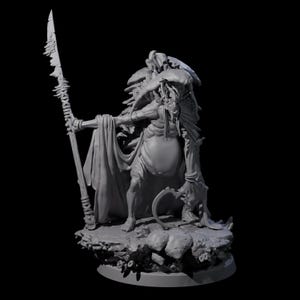 May include: A gray, detailed figurine of a monstrous creature with a spear and a flowing cape. The figure stands on a rocky base, with intricate details on its body and weapon. The overall design suggests a fantasy or horror theme.