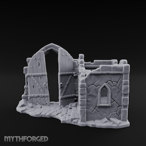 Puede incluir: Una figura gris de una estructura de piedra en ruinas con un arco apuntado, dos puertas de madera, paredes de mampostería agrietadas, una pequeña ventana y una base de adoquines. El texto MYTHFORGED aparece en la esquina inferior izquierda.