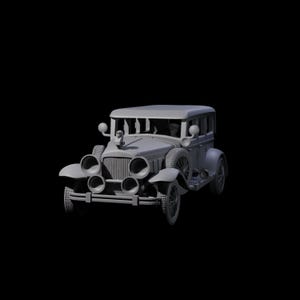 May include: A grey vintage car with a detailed front grille, large headlights, and spoked wheels. The car has a classic design with a roof and side windows, suggesting a saloon model. The image is set against a black background.