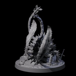 May include: A gray, 3D-printed fantasy creature with spiky armor, large feathery appendages, and a sword. The creature is posed on a round base, with a dark background. The design is detailed and intricate, suitable for tabletop gaming or display.