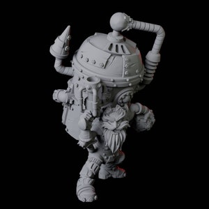 Peut inclure: Une figurine miniature grise et détaillée d'une créature ressemblant à un nain portant un casque et portant une grosse machine ronde sur le dos.