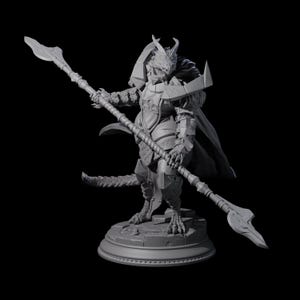 May include: A grey, 3D-printed figurine of a dragon-like humanoid warrior, holding a spear. The figure is clad in armour and stands on a circular base. The spear is approximately 152 cm long. The dragon has a tail and a detailed, textured appearance.