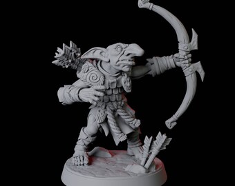 May include: A gray miniature figure of a goblin archer, poised to fire an arrow. The goblin is clad in armor and holds a bow. Three arrows are planted in the ground. The figure is on a round base.