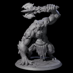 May include: A grey, 3D-printed figurine of a muscular, horned creature wielding a large battle axe. The creature is in a dynamic pose, with one arm raised. The base is a circular platform with a stone-like texture.