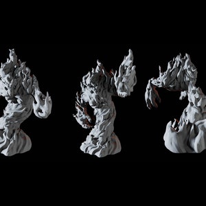 May include: A 3D printed miniature of a fire elemental, a creature made of flames. The miniature is shown from three different angles, showcasing its detailed design.