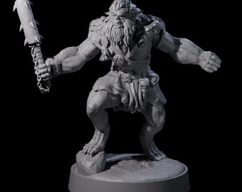 May include: A gray, 3D-printed figurine of a muscular humanoid creature with a fierce expression, holding a spiked club. The figure has a long beard, fur details, and is posed on a small rock, with a round base.