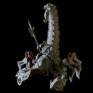 May include: A grey 3D printed miniature of a hooded figure riding a scorpion-like creature. The figure holds a spear in its right hand. The scorpion has a segmented tail and detailed legs.