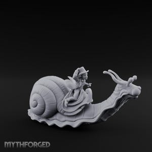 May include: A gray monochromatic 3D printed figurine of a snail with a large spiral shell. A figure wearing a top hat and a long coat sits atop the snail, pointing forward. The text MYTHFORGED is visible in the bottom left corner of the image.