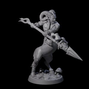 May include: A gray figurine of a mythical creature, a centaur with a human upper body and a horse-like lower body. The figure has large horns, braided hair, and is holding a spear. The base includes small mushrooms and foliage.