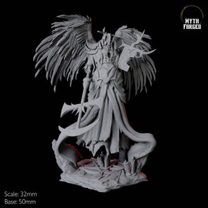 Puede incluir: Una figura miniatura gris, detallada, de un ángel esquelético con grandes alas, sosteniendo una guadaña y un escudo. El ángel está de pie sobre una base rocosa. La miniatura está a escala de 32 mm y la base tiene un diámetro de 50 mm. La miniatura no está pintada y está lista para ser ensamblada y pintada.