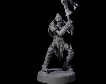 Op de afbeelding: Een grijze miniatuurfiguur van een skeletkrijger met een dubbelzijdige bijl. De figuur staat in een dynamische houding, met gedetailleerde bepantsering en een schild. De miniatuur staat op een cirkelvormige basis.