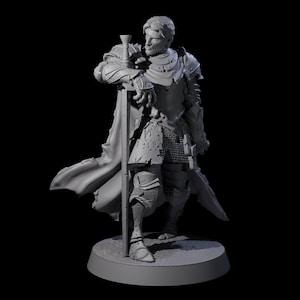 May include: A grey figurine of a knight in full armour, holding a sword and leaning on it. The knight has a cape and is standing on a round base. The armour has detailed textures and battle damage.