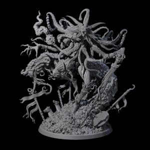 May include: A detailed grey sculpture of a monstrous creature with multiple tentacles, claws, and a complex, textured body. The sculpture includes skulls, banners, and a staff, all on a circular base.