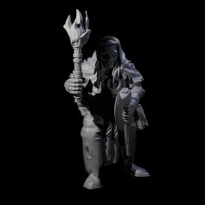 May include: A grey 3D-printed miniature of a robed figure holding a flaming torch and a shield. The figure has a skeletal face and tattered clothing, suggesting a fantasy or tabletop game theme.