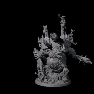 May include: A detailed gray miniature figure of a grotesque, hulking creature with spiky protrusions, a large belly, and a fortress-like structure on its back. The figure stands on a circular base against a black background.