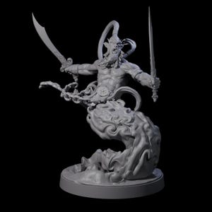 May include: A gray figurine of a muscular humanoid figure with horns, holding two swords. The figure is emerging from a cloud-like base, with intricate details on the body and weapons. The figurine is on a round base.