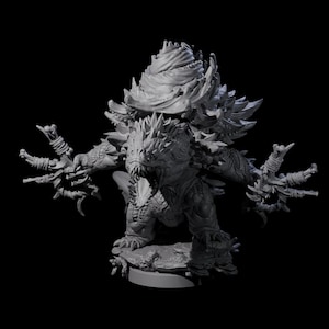 May include: A grey miniature figurine of a monstrous creature. The figure has a reptilian head with an open mouth, sharp teeth, and spiky protrusions. It has large arms with multiple clawed fingers and a large, textured headpiece.