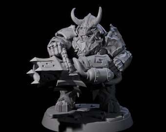 May include: A gray, detailed miniature figurine of a fantasy warrior. The figure is heavily armored, with a horned helmet and a large weapon. The miniature is standing on a circular base, with intricate details throughout.