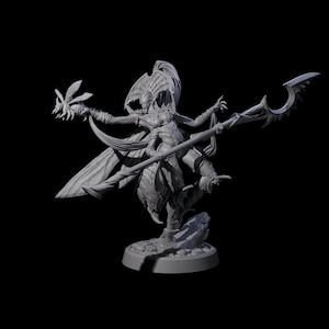 May include: A gray, detailed figurine of a fantasy character with multiple arms, wings, and a staff. The character is standing on a rocky base. The figure has a complex design with intricate details.