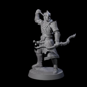 May include: A grey figurine of a warrior in detailed armour, holding a sword aloft and a bow. The figure stands on a circular base, with intricate detailing on the armour and weapons. The warrior is in a dynamic pose, suggesting action.