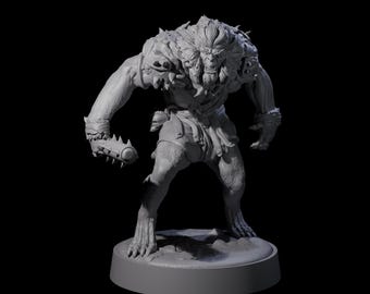 May include: A gray, 3D-printed figurine of a monstrous humanoid creature. The figure has a muscular build, a lion-like mane, and is holding a spiked club. The creature is standing on a circular base against a black background.