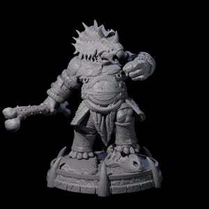 May include: A gray, detailed figurine of a fantasy creature with a dinosaur-like head, armored torso, and a spiked club. The figure stands on a round base with decorative elements, posed in a dynamic stance.