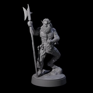 May include: A gray figurine of a fantasy warrior holding a polearm. The figure has a long beard, detailed armor, and a pouch with sculpted faces. The base is round and the background is black.