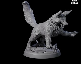 May include: A grey, 3D-printed figurine of a snarling wolf in a dynamic pose. The wolf is depicted mid-stride, with its mouth open and one paw raised. The base is a rough, rocky terrain. The scale is 32mm.