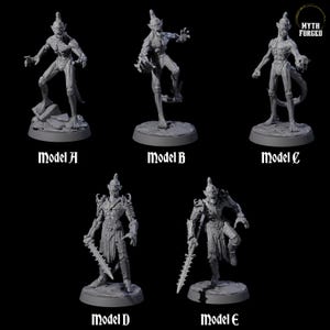 May include: Five gray miniature fantasy figures, each depicting a humanoid creature with sharp features, pointed ears, and a tail. The figures are labeled Model A through E. The Myth Forged logo is in the upper right corner.