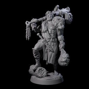 May include: A gray figurine of a muscular figure, possibly Hercules, holding a club over his shoulder and a lion's pelt. He stands on a stone base, with a severed head in his hand. The figure is detailed with a sword and belt.