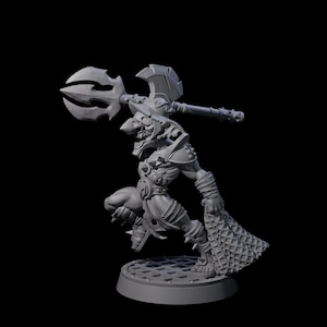 May include: A gray miniature figurine of a fantasy warrior in a dynamic pose, wielding a large axe and trident. The figure is detailed with armor, a horned helmet, and a textured cape, standing on a circular base.
