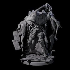 May include: A grey 3D-printed figurine of a fantasy character. The figure is wearing elaborate clothing, including a large hat, flowing robes, and armour with skull accents. The character holds playing cards and a curved blade.