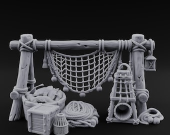 Net-Draped Catch-Laden Dockside Fishing Scatter Set 3D Printed Terrain for D&D, Dungeons and Dragons, Pathfinder and Tabletop Gaming