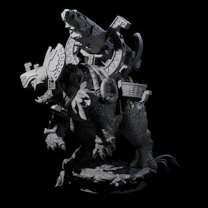 May include: A detailed grayscale sculpture of a fantastical creature with reptilian features, adorned with intricate Aztec-inspired designs. The creature is carrying a basket and a large, ornate structure on its back, set against a dark background.