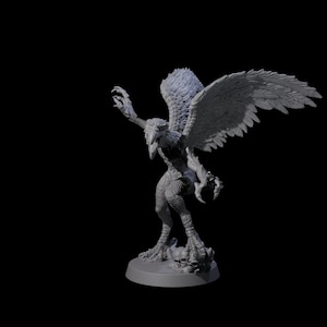May include: A gray griffin figurine with outstretched wings and talons. The mythical creature has a bird's head, feathered wings, and a lion's body. The figurine is standing on a circular base, with a dark background.