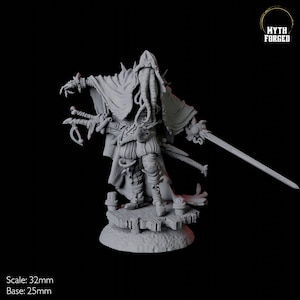 May include: A gray 32mm scale miniature of a hooded figure with tentacles, holding a sword and a dagger. The figure is standing on a wooden platform. The miniature is made by Myth Forged.