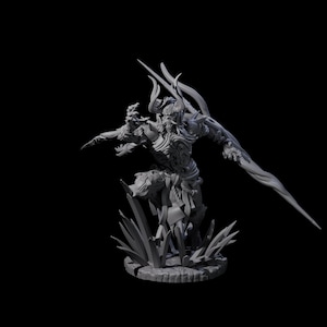 May include: A grey figurine of a mythical creature with horns, detailed armour, and a flowing blade. The figure is posed dynamically on a textured base with stylized grass.