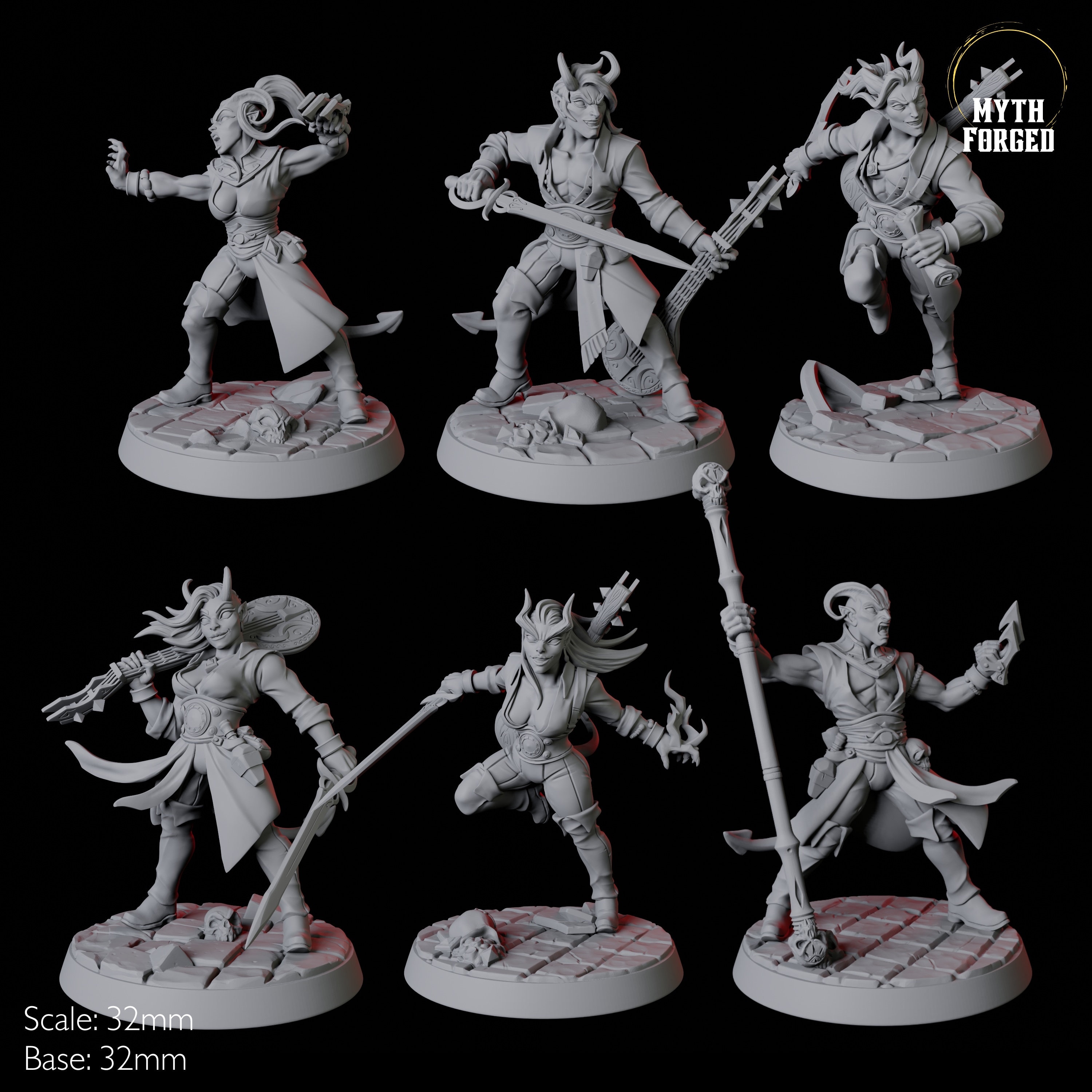 Six Tiefling Bards and Monk Miniatures for D&D, Dungeons and Dragons, Pathfinder and many other tabletop games