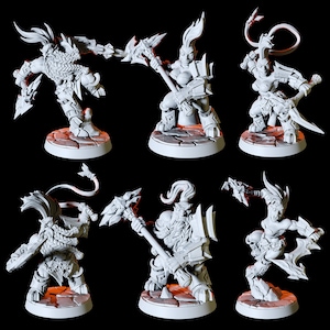May include: Six miniature figurines of orcs, each with a different pose and weapon. The orcs are painted in a grey colour and are standing on circular bases.