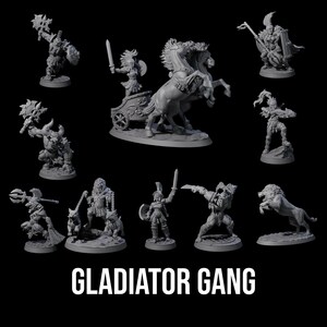 May include: A collection of grey miniature figurines depicting gladiators and fantasy creatures. The figurines include a chariot pulled by two horses, a gladiator with a lion, and other warriors. The text "GLADIATOR GANG" is at the bottom.