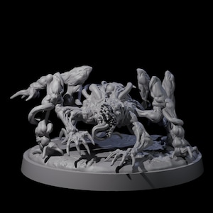 May include: A grey miniature of a monstrous creature with multiple limbs, claws, and a grotesque face. The figure is posed on a circular base, showcasing intricate textures and a menacing design. Suitable for tabletop gaming or collectors.