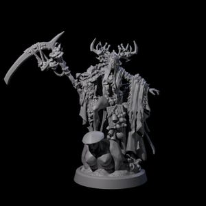 May include: A grey figurine of a fantasy character with antlers, a flowing robe, and a scythe. The figure is standing on a base with a smaller figure kneeling in front. The design suggests a dark fantasy theme.