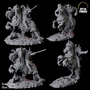 May include: A 3D printed miniature of a warrior riding a two-headed horse. The miniature is gray and has a detailed design. The warrior is holding a sword and the horse is rearing up. The miniature is on a base and is ready to be painted.  Scale: 32mm, Base: 50mm. MYTH FORGED