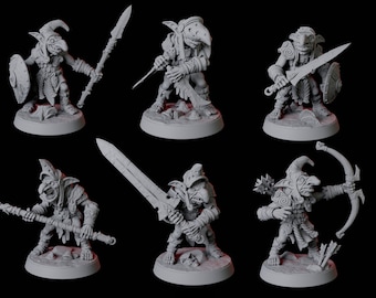 May include: Six gray plastic figurines of goblins, each with a different weapon and pose. The goblins are wearing armor and have pointy ears and noses.
