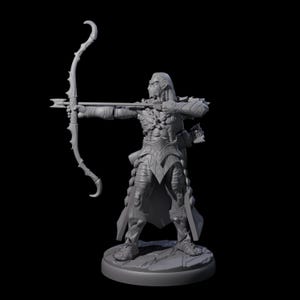 May include: A grey figurine of an archer in a fantasy setting, holding a bow and arrow. The archer is wearing detailed armour and a cloak, standing on a circular base. The bow has a curved design.