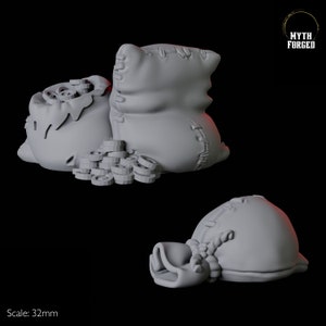 May include: Two grey cloth bags filled with gold coins. The bags are tied with rope and have stitching details. The coins are stacked in a pile in front of the bags. Scale: 32mm.