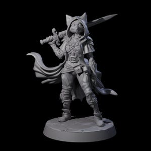 May include: A grey figurine of a humanoid fox character, in fantasy attire. The figure holds a sword, wearing a hooded cloak, armour, and boots. The base is round and the background is black.